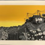 a quaint cottage is surrounded by telephone poles and lines at the top of a grazzy hill. Downbelow a multi lane highway can be seen with a city scape small on the horizon. Flowers and a statue can be seen in the right foreground. the sky is a blend of yellow, and marigold, while the rest of the image lays in greyscale