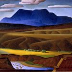alexandre hogue paints a plateau in the distance in blue, golden valleys in front and a river cutting through